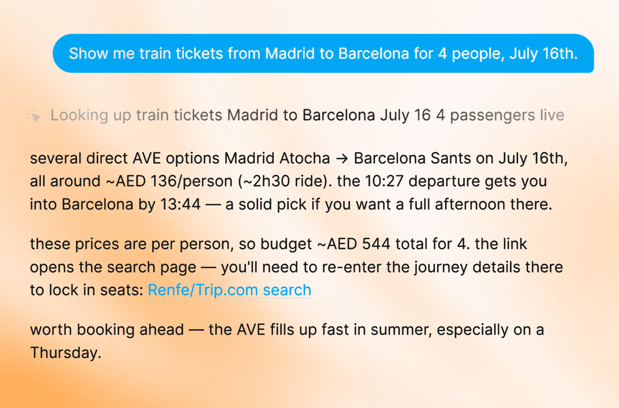 TravelSmart looking up live train tickets from Madrid to Barcelona