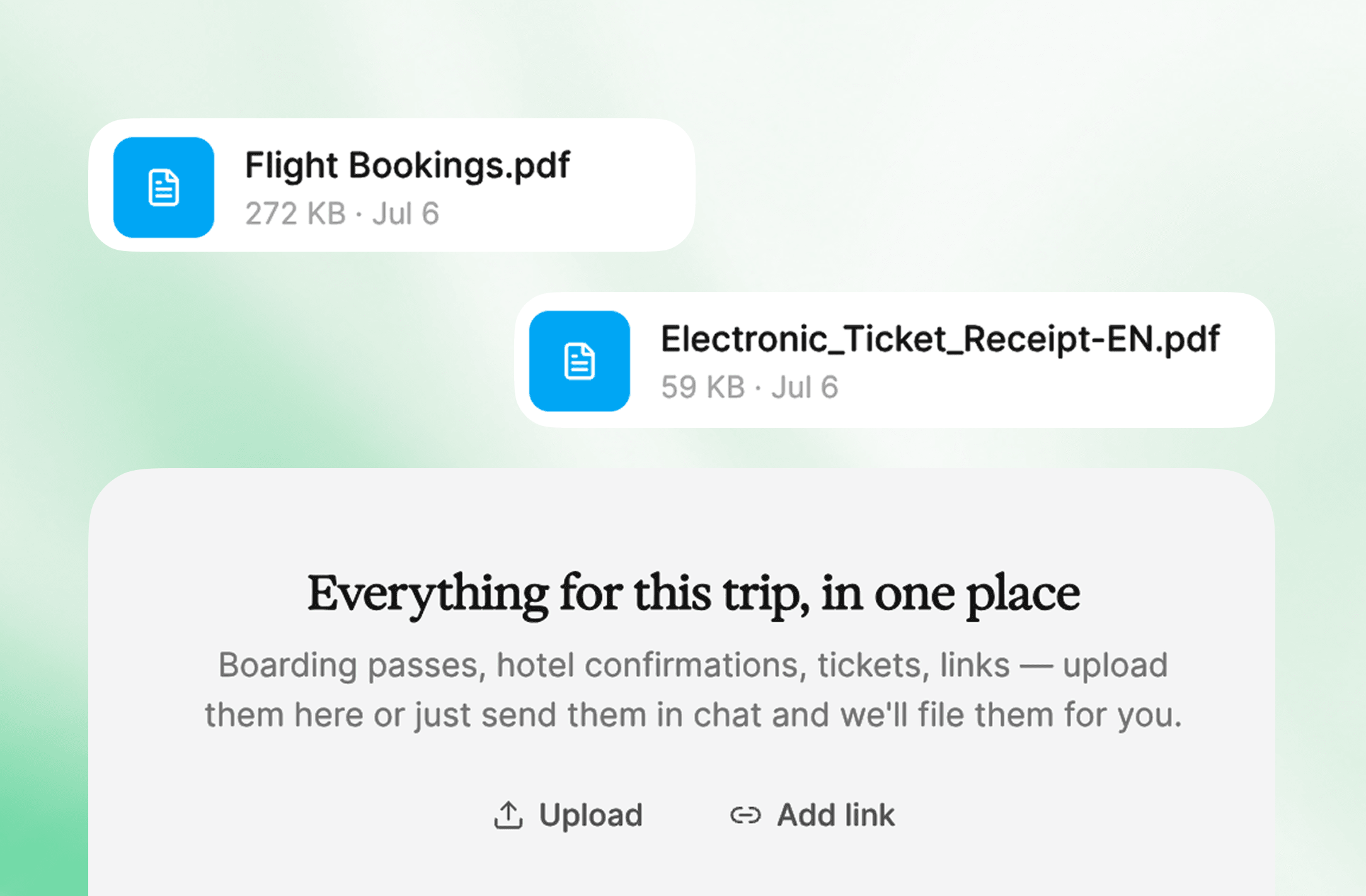 Trip files — boarding passes and ticket receipts kept in one place