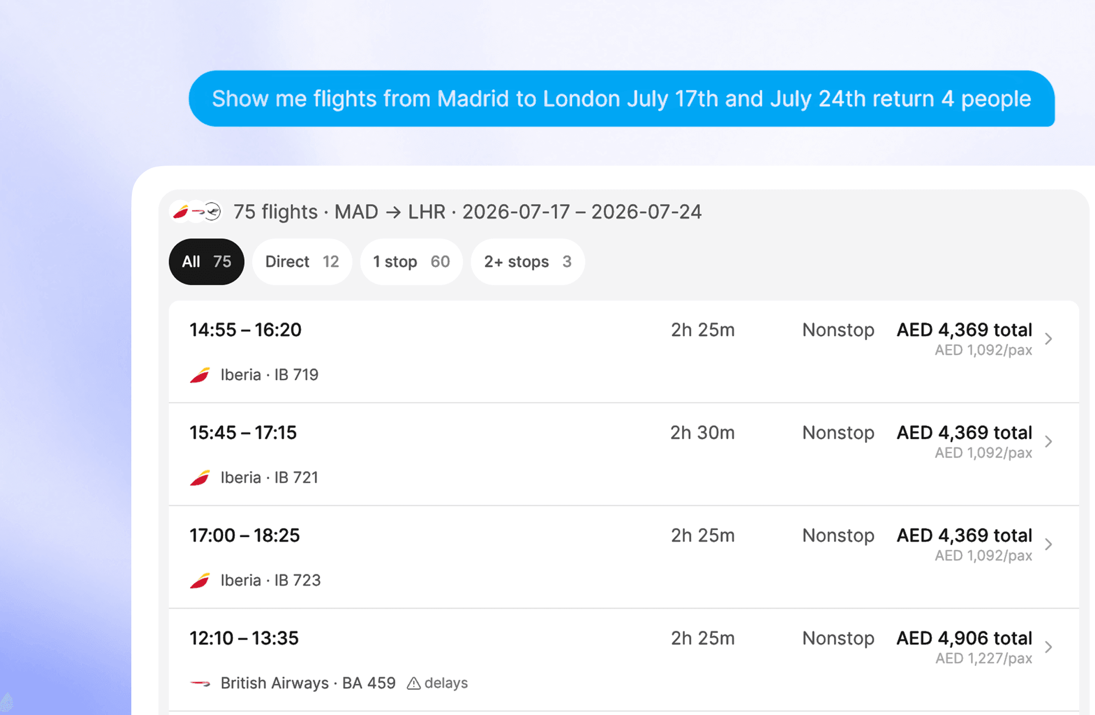 Flight results from Madrid to London compared inside the chat