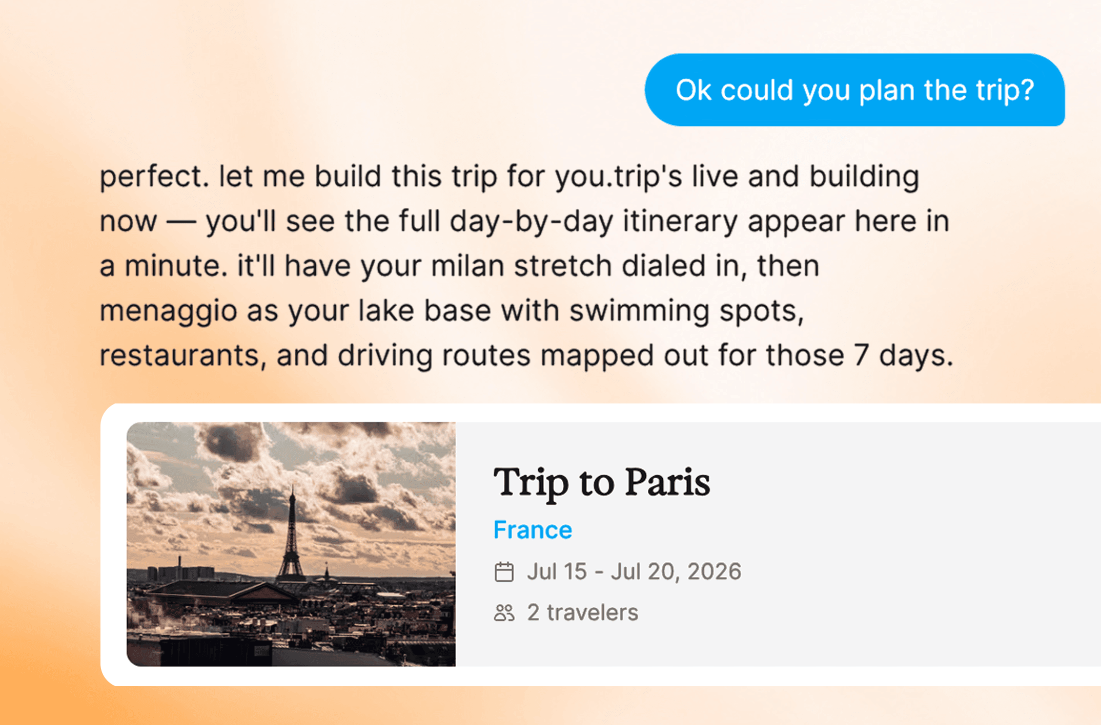 TravelSmart building a day-by-day Trip to Paris from a single message